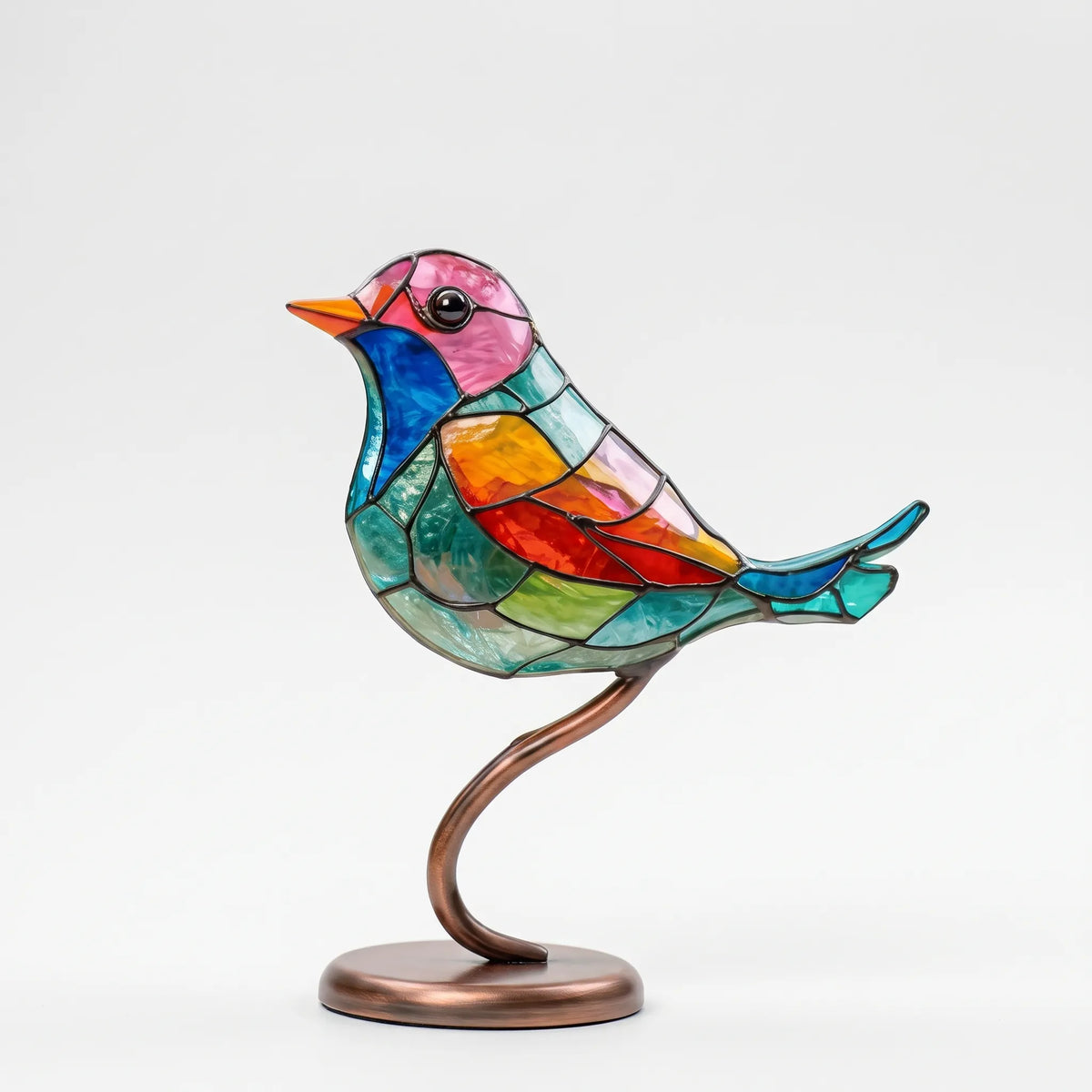 Linnet - Stained-Glass Style Bird Figurine Desk Decoration, Colourful Glass & Metal Bird Ornament on Stand, for Shelf, Windowsill & Gift, 15 × 20cm