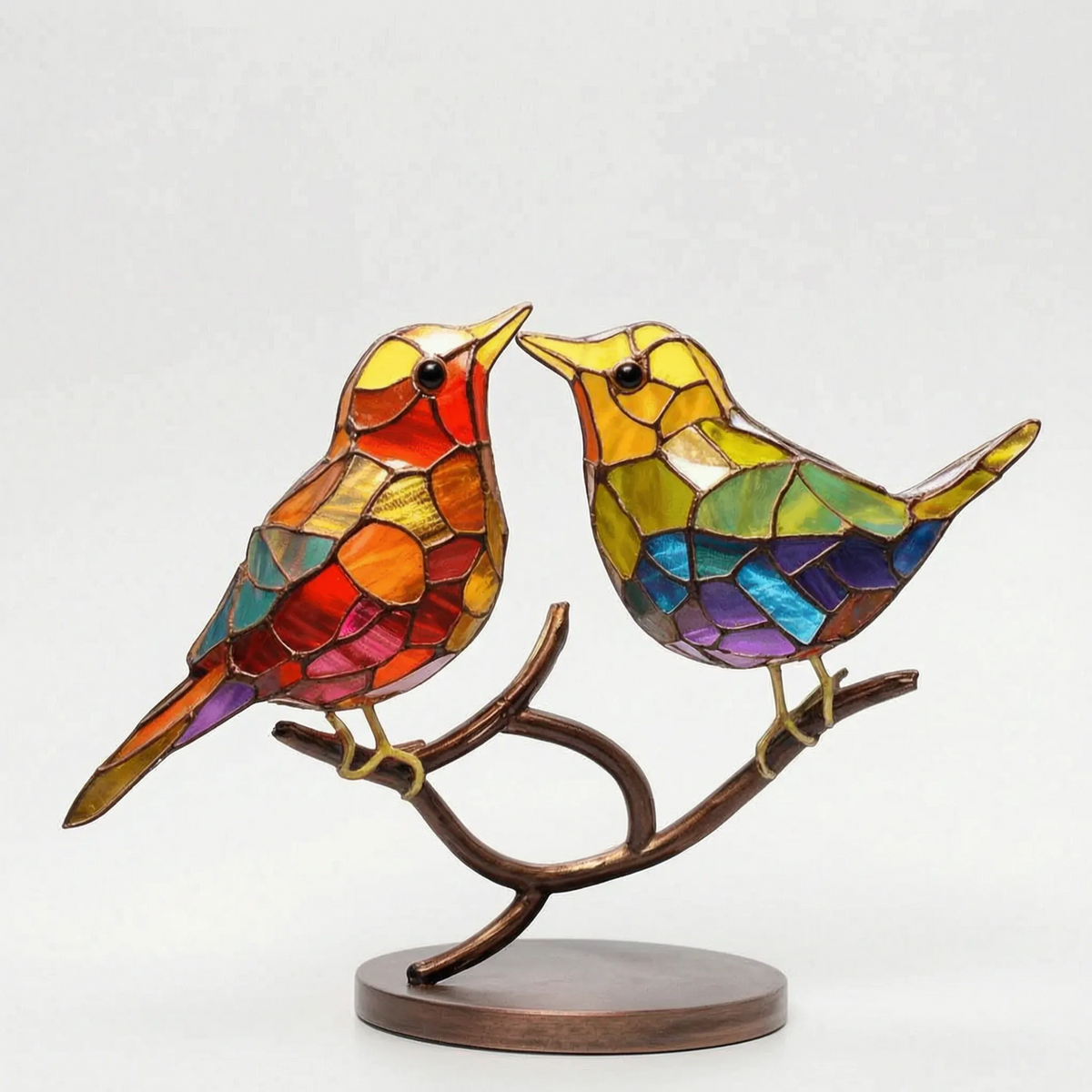Linnet - Stained-Glass Style Bird Figurine Desk Decoration, Colourful Glass & Metal Bird Ornament on Stand, for Shelf, Windowsill & Gift, 15 × 20cm