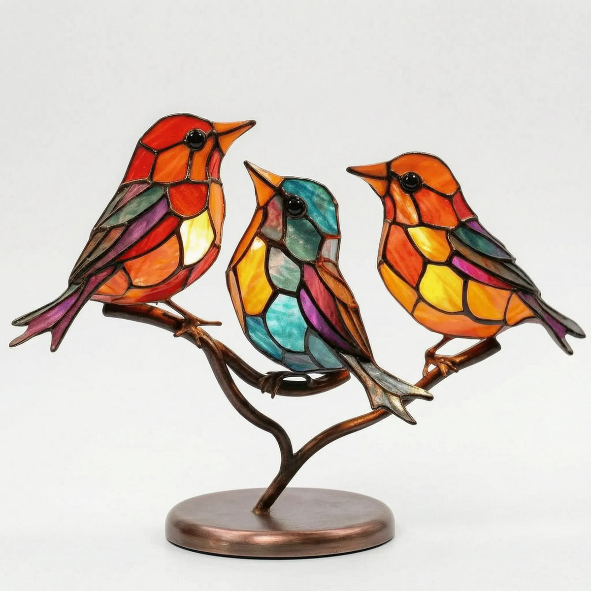 Linnet - Stained-Glass Style Bird Figurine Desk Decoration, Colourful Glass & Metal Bird Ornament on Stand, for Shelf, Windowsill & Gift, 15 × 20cm