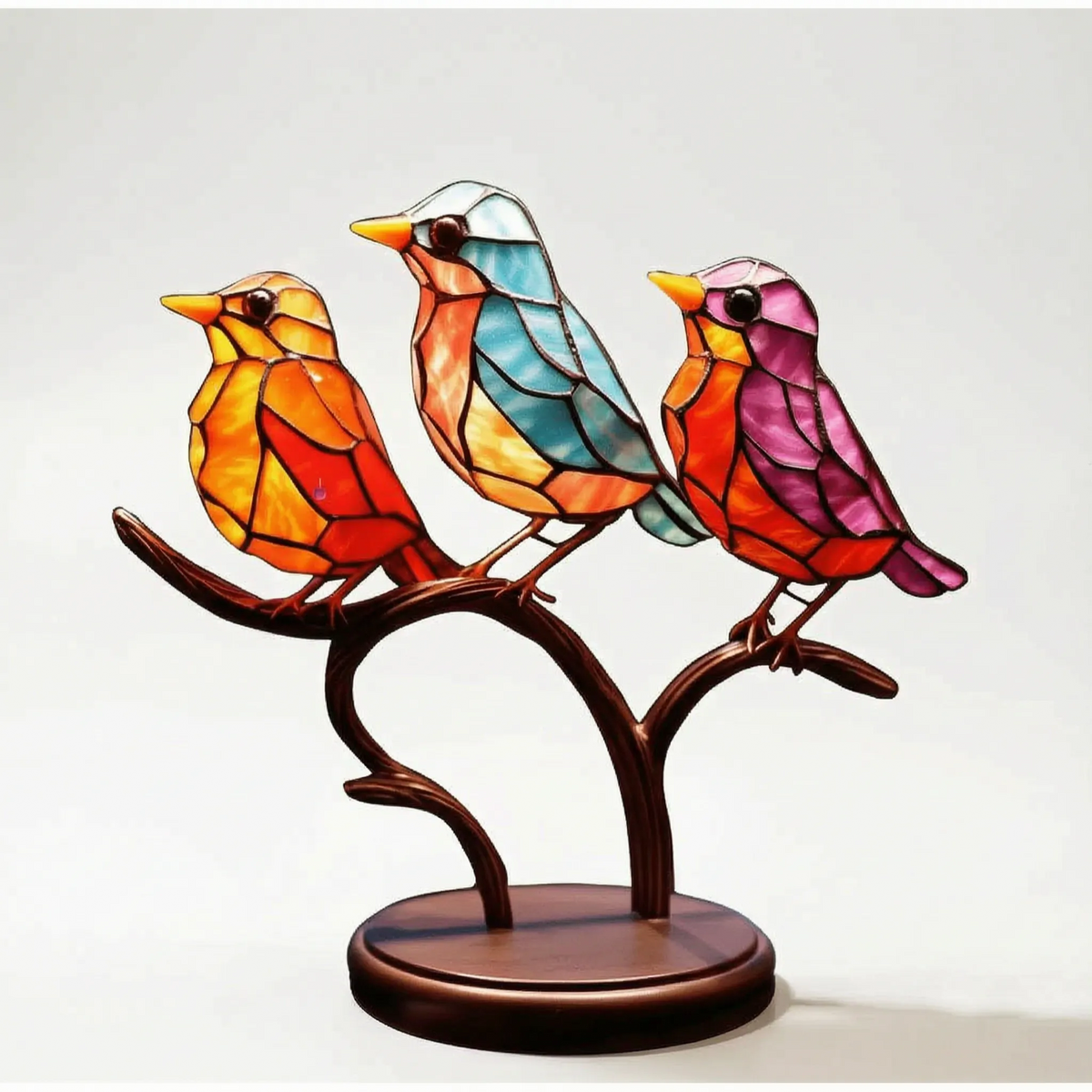 Linnet - Stained-Glass Style Bird Figurine Desk Decoration, Colourful Glass & Metal Bird Ornament on Stand, for Shelf, Windowsill & Gift, 15 × 20cm