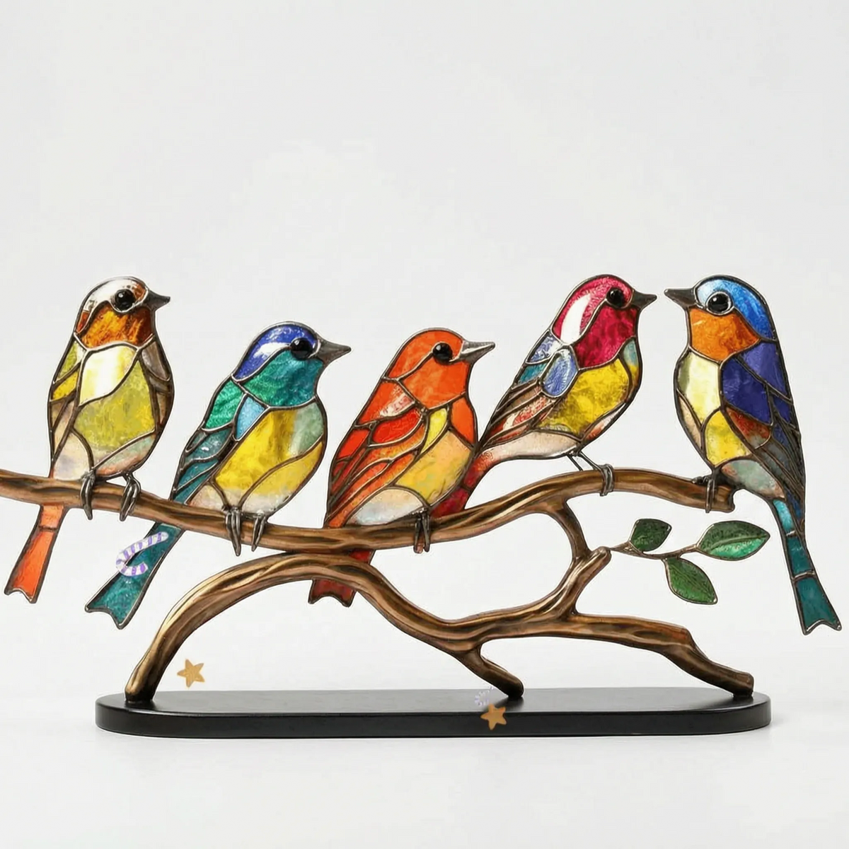 Linnet - Stained-Glass Style Bird Figurine Desk Decoration, Colourful Glass & Metal Bird Ornament on Stand, for Shelf, Windowsill & Gift, 15 × 20cm