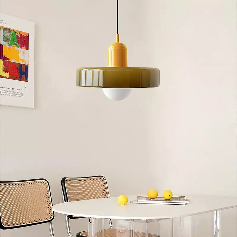Bauhaus Style Glass Pendant Light with Ring Shade, Coloured Glass Ceiling Pendant for Kitchen Island & Dining Table, Adjustable Height, Ø25 / Ø35cm