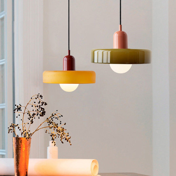 Bauhaus Style Glass Pendant Light with Ring Shade, Coloured Glass Ceiling Pendant for Kitchen Island & Dining Table, Adjustable Height, Ø25 / Ø35cm
