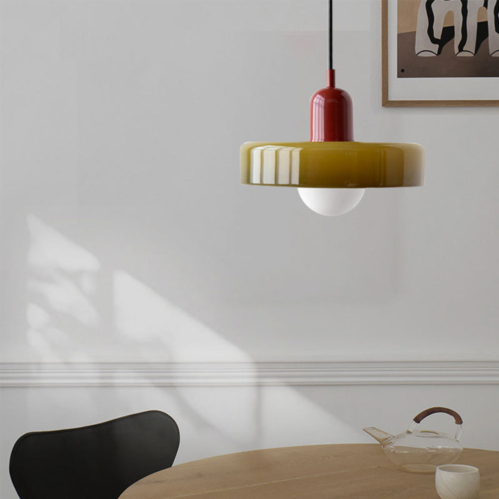 Bauhaus Style Glass Pendant Light with Ring Shade, Coloured Glass Ceiling Pendant for Kitchen Island & Dining Table, Adjustable Height, Ø25 / Ø35cm