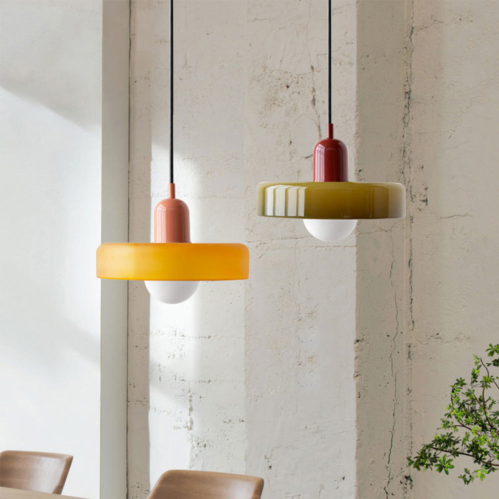 Bauhaus Style Glass Pendant Light with Ring Shade, Coloured Glass Ceiling Pendant for Kitchen Island & Dining Table, Adjustable Height, Ø25 / Ø35cm