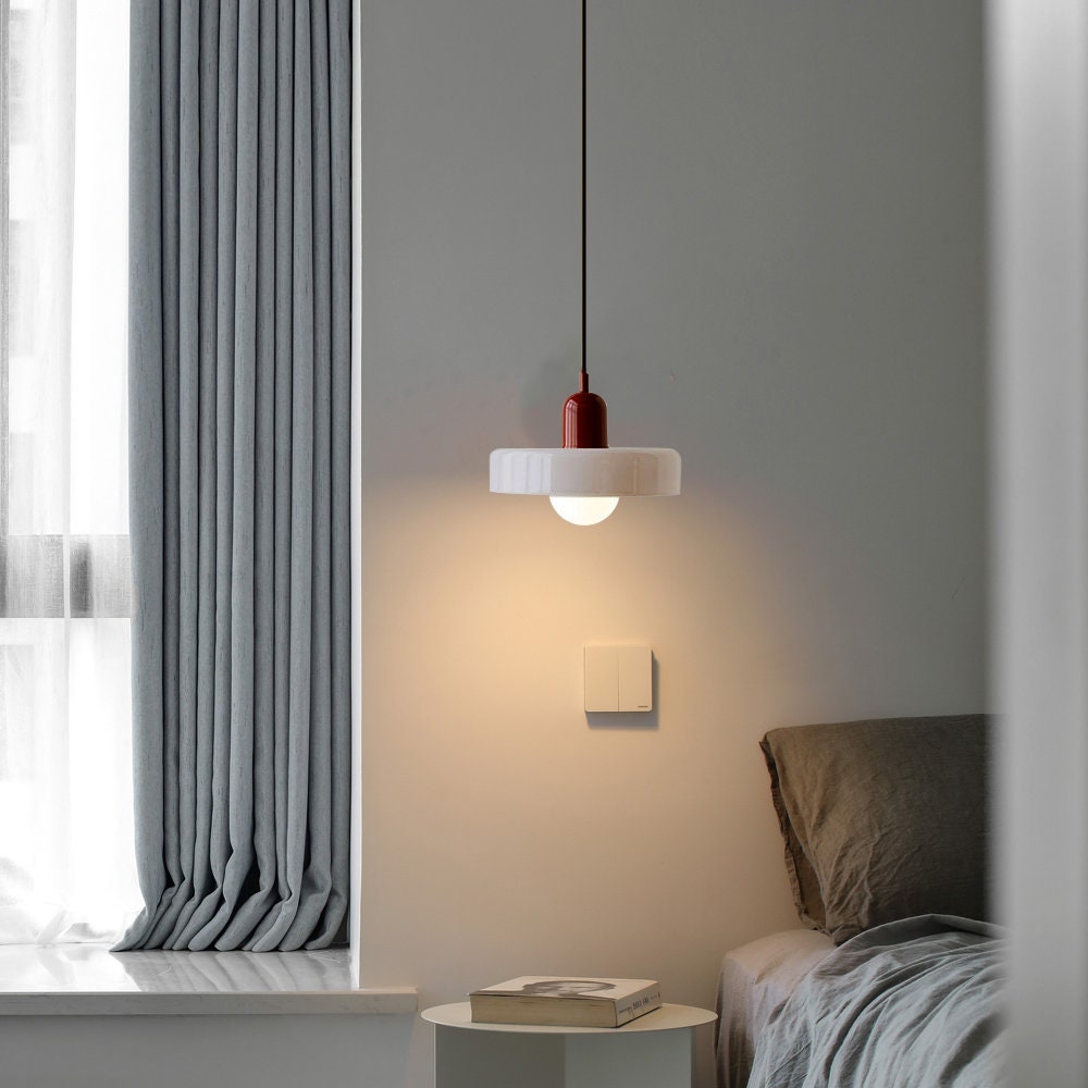 Bauhaus Style Glass Pendant Light with Ring Shade, Coloured Glass Ceiling Pendant for Kitchen Island & Dining Table, Adjustable Height, Ø25 / Ø35cm