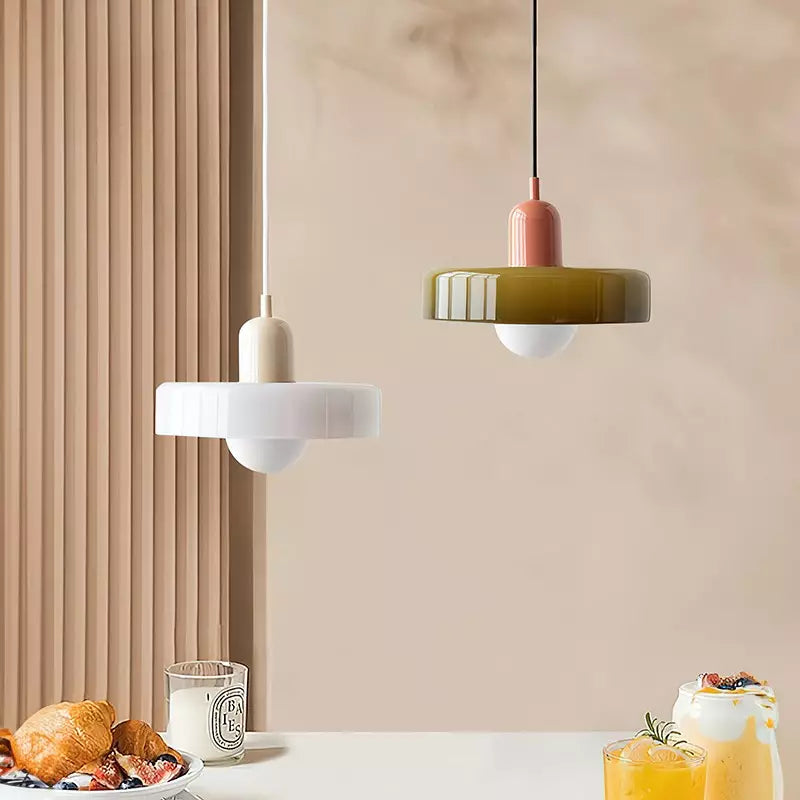 Bauhaus Style Glass Pendant Light with Ring Shade, Coloured Glass Ceiling Pendant for Kitchen Island & Dining Table, Adjustable Height, Ø25 / Ø35cm