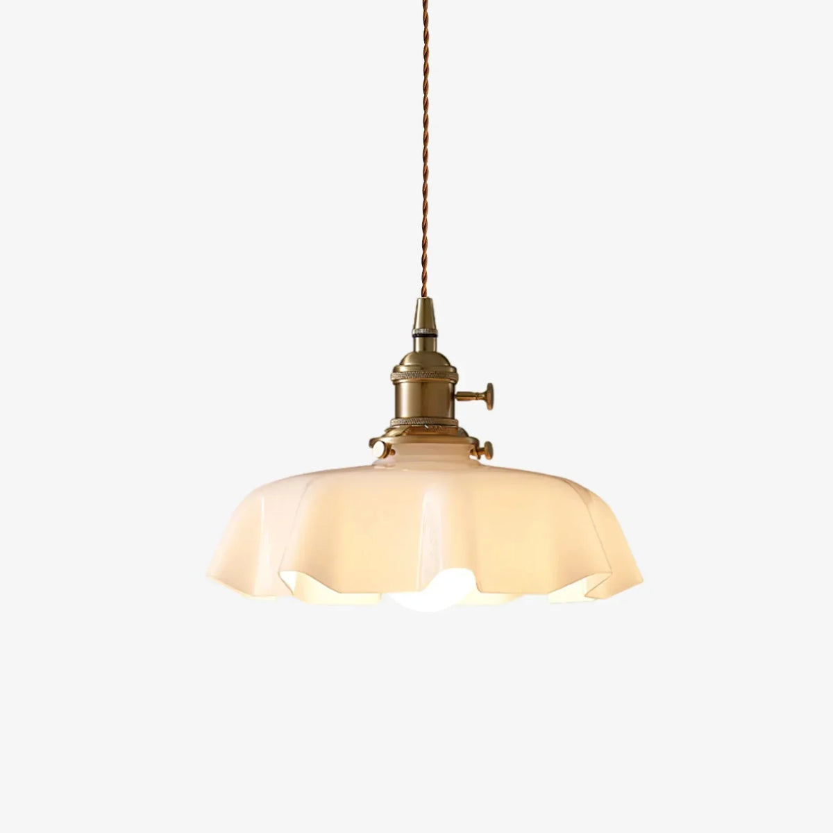 French Style Pendant Light with Scalloped Cream Glass Shade, Brass Ceiling Pendant for Dining Table, Kitchen & Bedroom, Adjustable, E27, Ø25cm