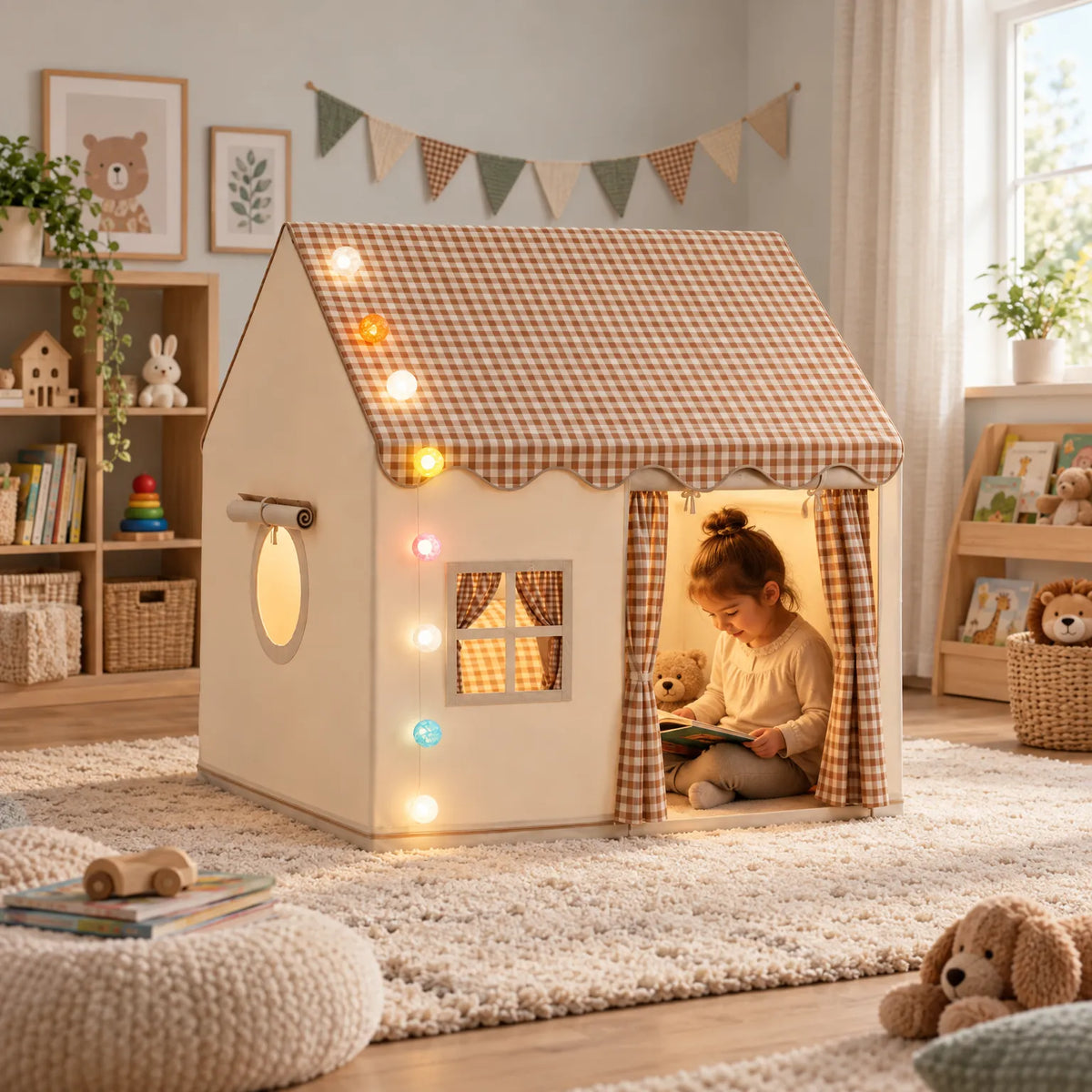 Bramble - Fabric Indoor Kids Playhouse Reading Books Quietly, Children's Play Tent with Windows & String Lights, Foldable, for Playroom & Bedroom