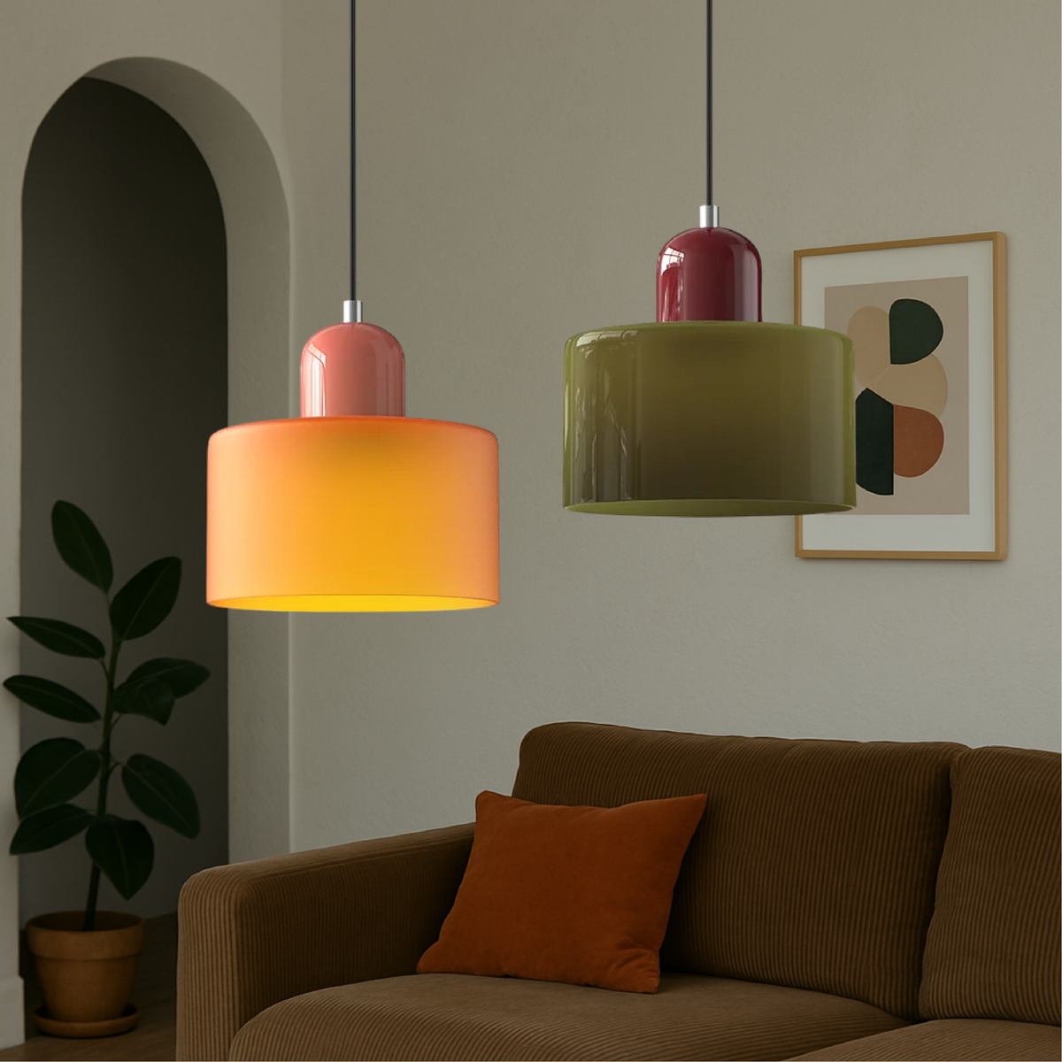 Coloured Glass Bauhaus Pendant Light, Small Retro Hanging Lamp for Kitchen Island, Dining Table & Living Room, Adjustable Cord, E27, Ø15cm