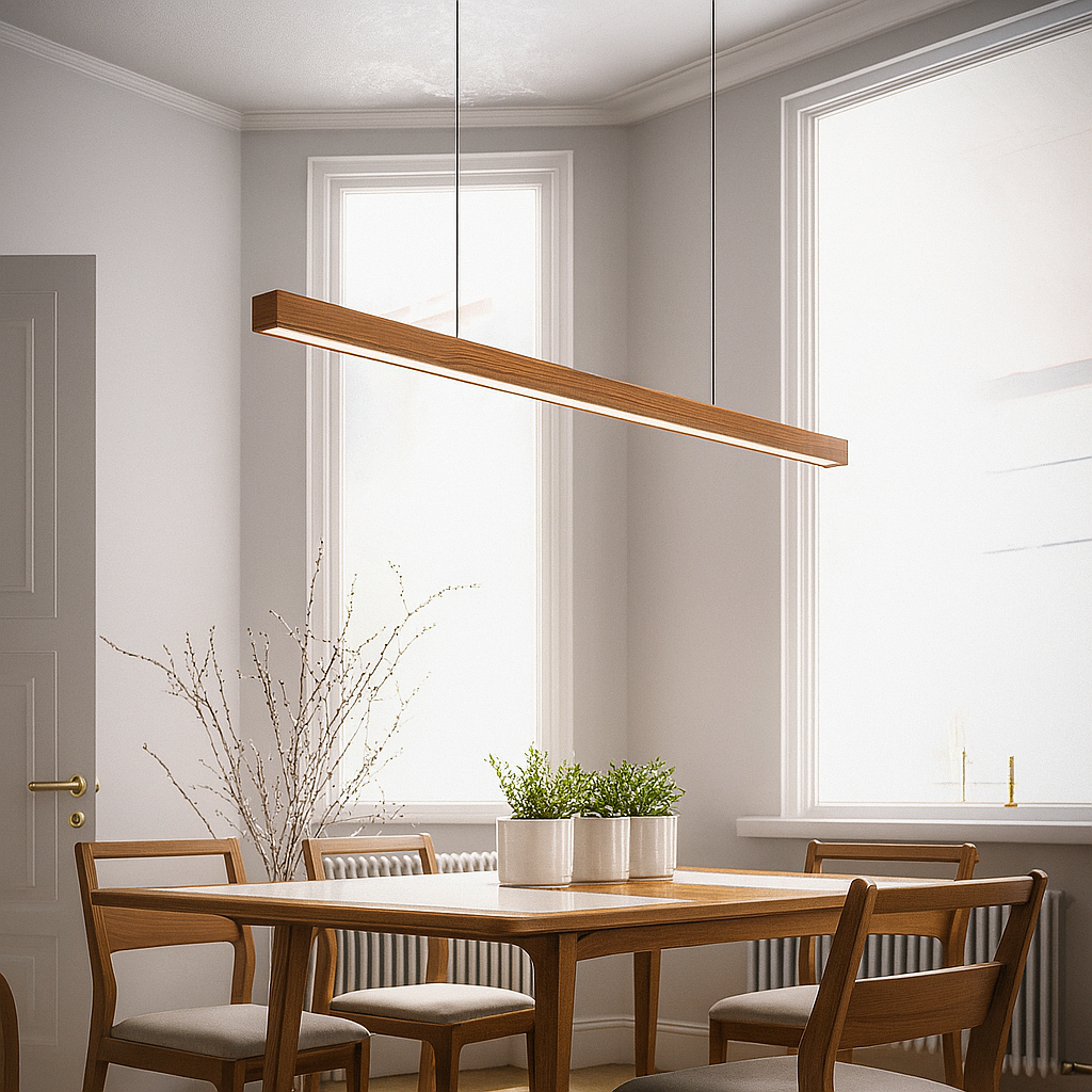 Linear Wooden LED Pendant Light with Slim Bar Shade, Kitchen Island & Dining Table Light, Dimmable Tri-Colour Option, Pine or Walnut, 80–120cm