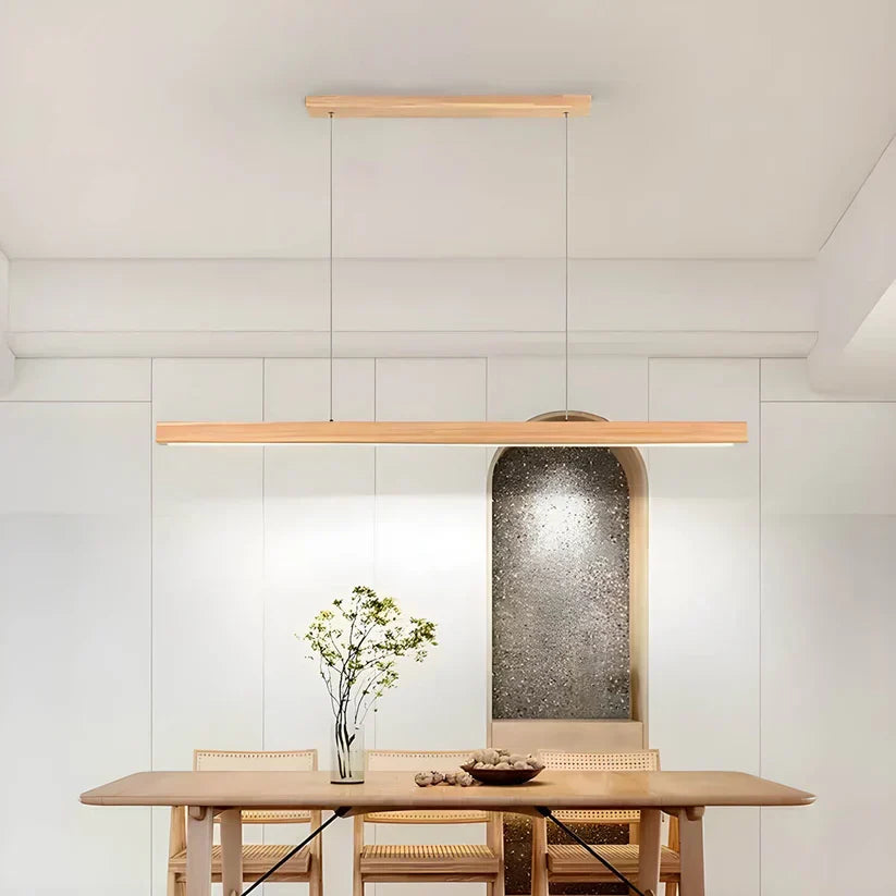 Linear Wooden LED Pendant Light with Slim Bar Shade, Kitchen Island & Dining Table Light, Dimmable Tri-Colour Option, Pine or Walnut, 80–120cm