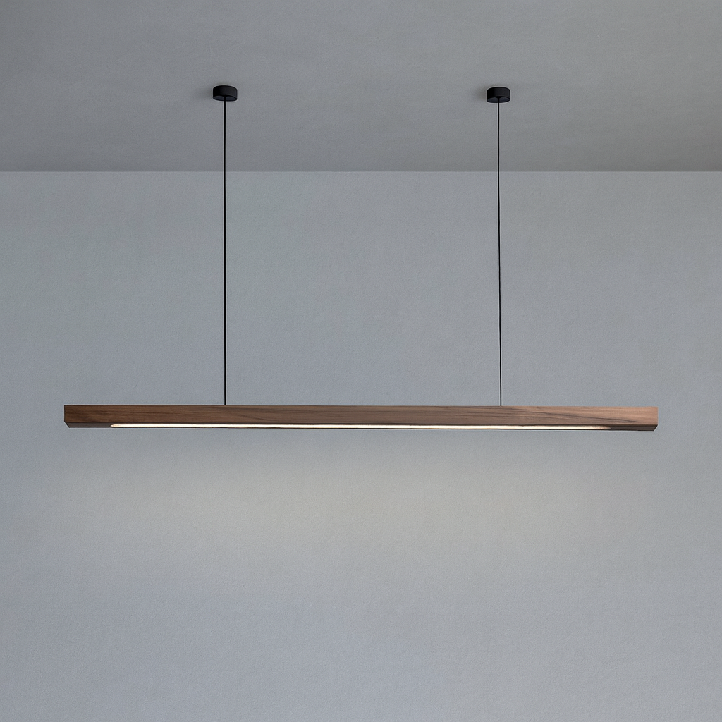 Linear Wooden LED Pendant Light with Slim Bar Shade, Kitchen Island & Dining Table Light, Dimmable Tri-Colour Option, Pine or Walnut, 80–120cm