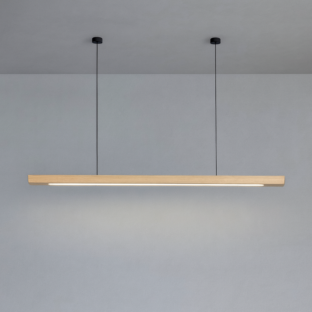 Linear Wooden LED Pendant Light with Slim Bar Shade, Kitchen Island & Dining Table Light, Dimmable Tri-Colour Option, Pine or Walnut, 80–120cm