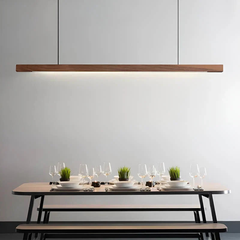 Linear Wooden LED Pendant Light with Slim Bar Shade, Kitchen Island & Dining Table Light, Dimmable Tri-Colour Option, Pine or Walnut, 80–120cm