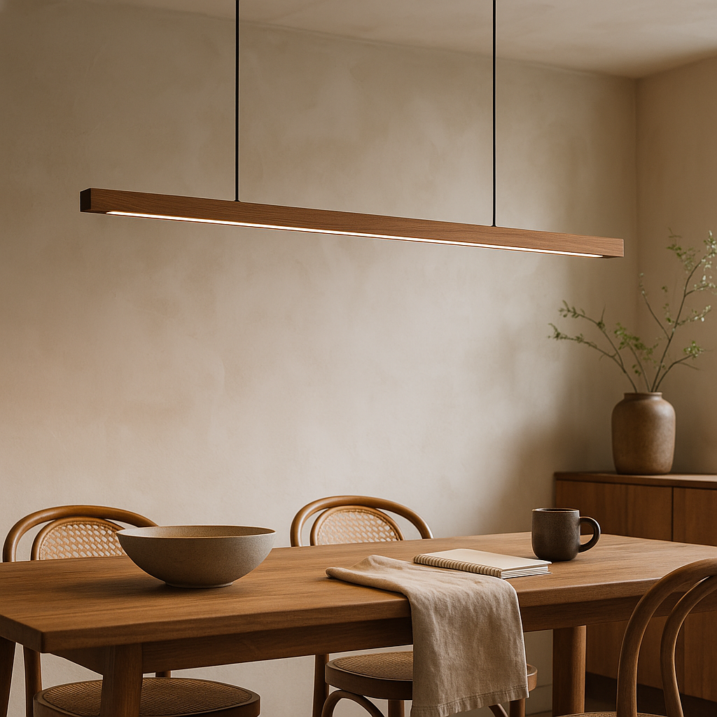 Linear Wooden LED Pendant Light with Slim Bar Shade, Kitchen Island & Dining Table Light, Dimmable Tri-Colour Option, Pine or Walnut, 80–120cm