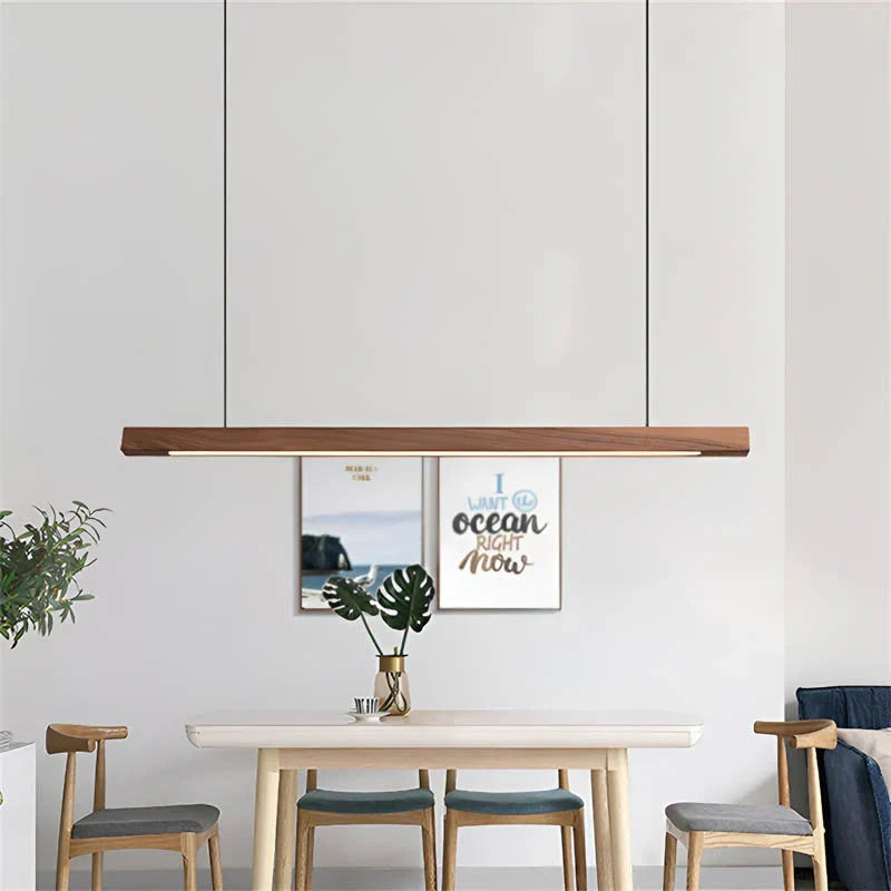 Linear Wooden LED Pendant Light with Slim Bar Shade, Kitchen Island & Dining Table Light, Dimmable Tri-Colour Option, Pine or Walnut, 80–120cm