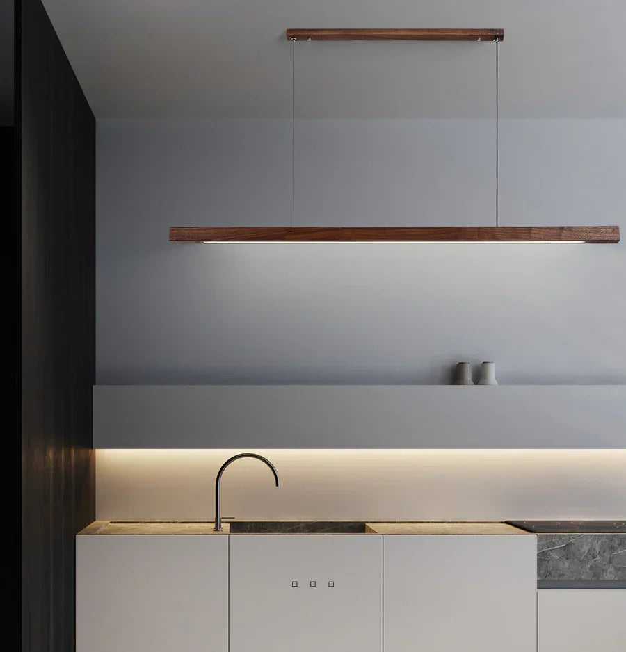 Linear Wooden LED Pendant Light with Slim Bar Shade, Kitchen Island & Dining Table Light, Dimmable Tri-Colour Option, Pine or Walnut, 80–120cm