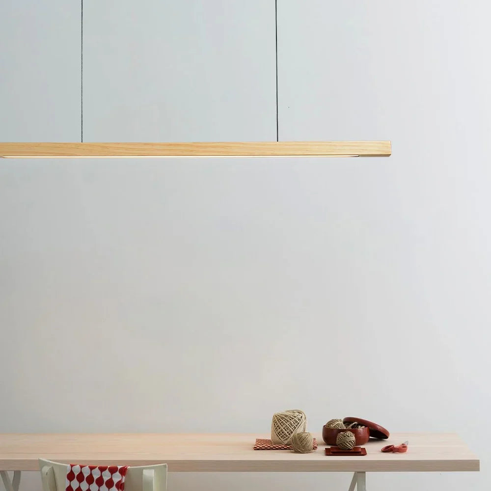Linear Wooden LED Pendant Light with Slim Bar Shade, Kitchen Island & Dining Table Light, Dimmable Tri-Colour Option, Pine or Walnut, 80–120cm