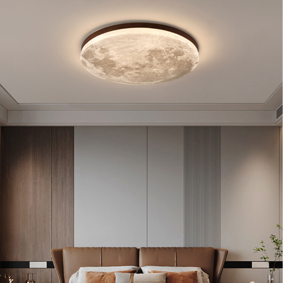 Modern Moon Ceiling Light, Round LED Ceiling Lamp, Wood Finish, Dimmable Tri-Colour Option, for Bedroom, Living Room & Dining Room, Ø26–48cm