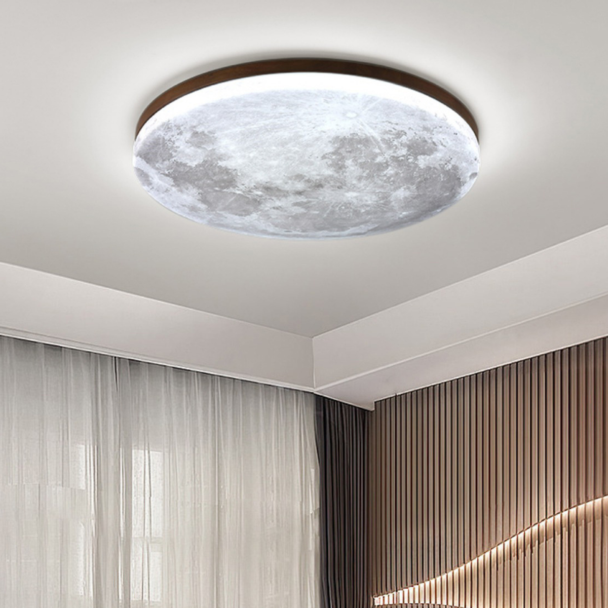 Modern Moon Ceiling Light, Round LED Ceiling Lamp, Wood Finish, Dimmable Tri-Colour Option, for Bedroom, Living Room & Dining Room, Ø26–48cm