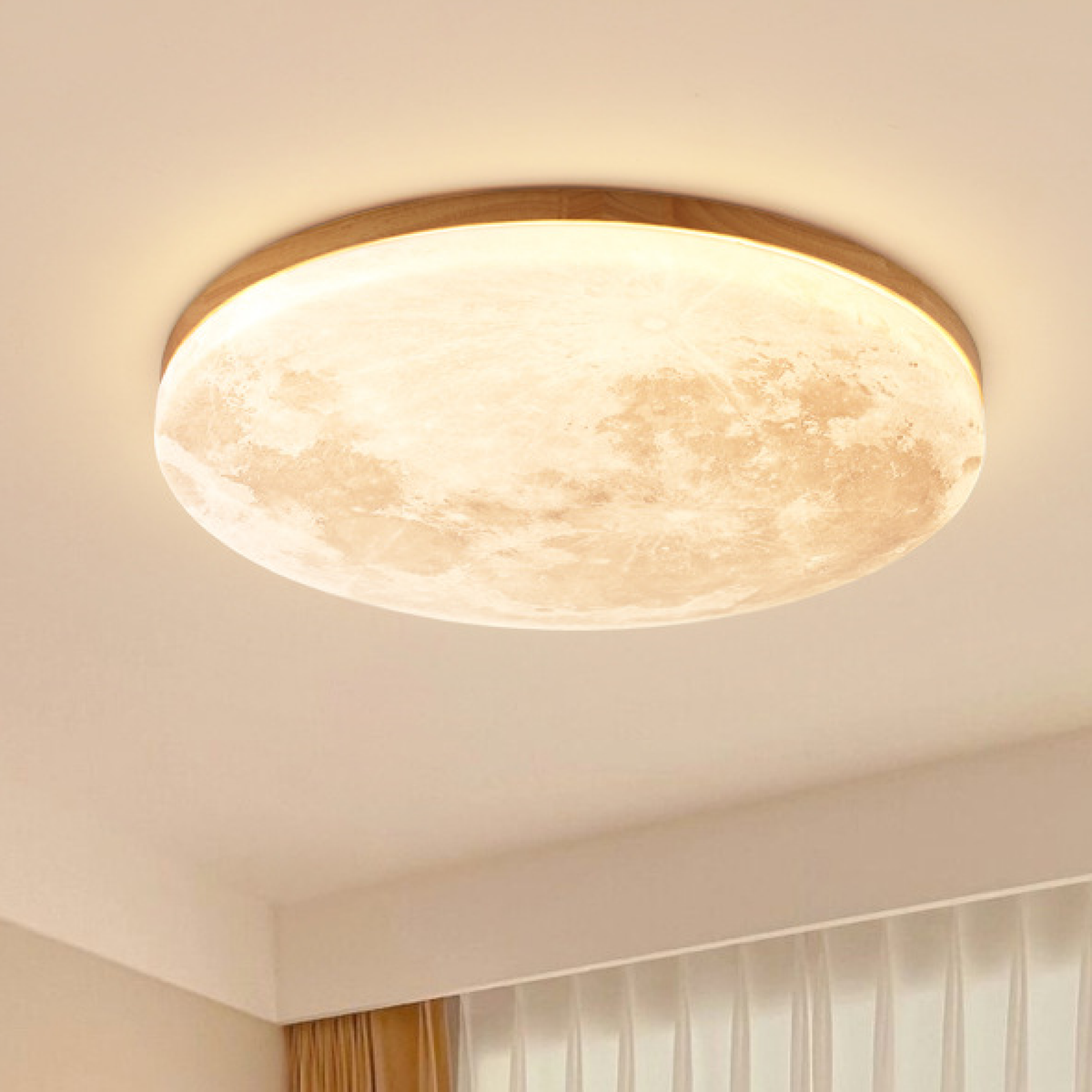 Modern Moon Ceiling Light, Round LED Ceiling Lamp, Wood Finish, Dimmable Tri-Colour Option, for Bedroom, Living Room & Dining Room, Ø26–48cm