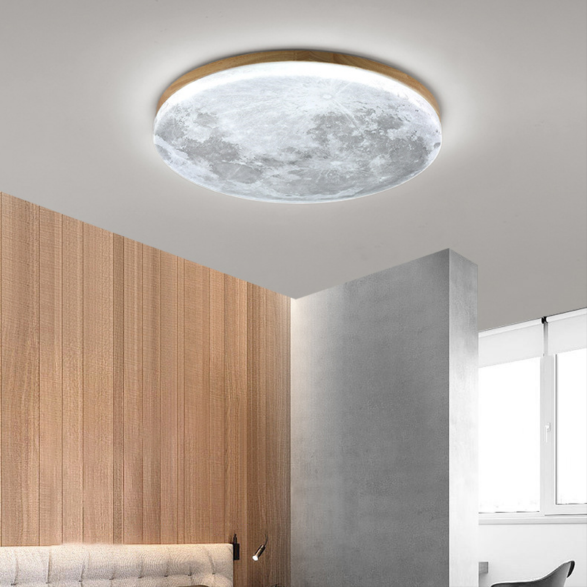 Modern Moon Ceiling Light, Round LED Ceiling Lamp, Wood Finish, Dimmable Tri-Colour Option, for Bedroom, Living Room & Dining Room, Ø26–48cm