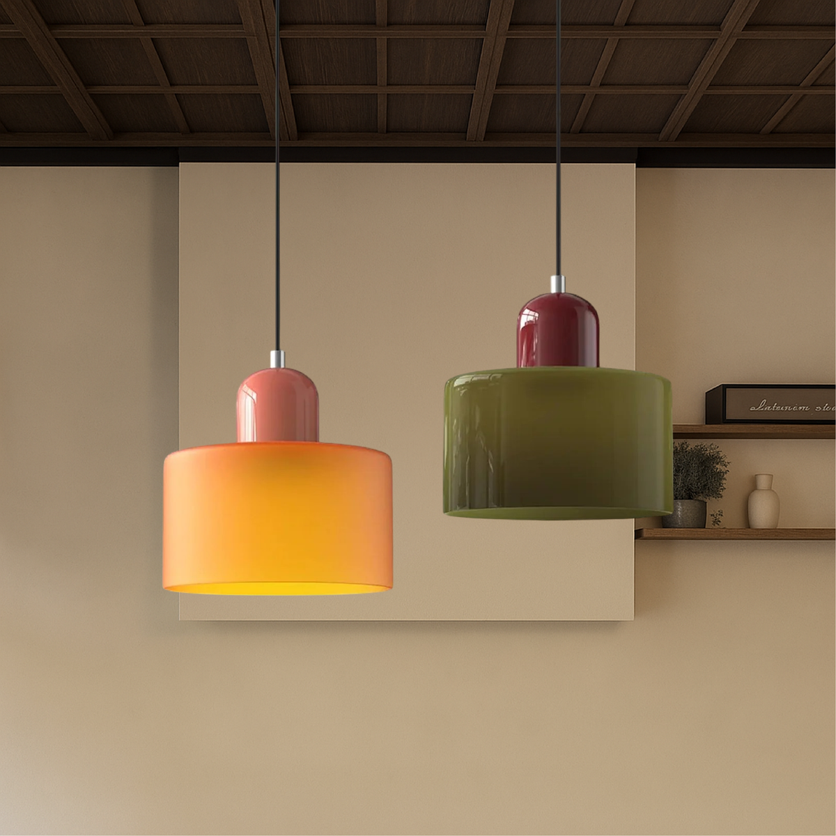 Coloured Glass Bauhaus Pendant Light, Small Retro Hanging Lamp for Kitchen Island, Dining Table & Living Room, Adjustable Cord, E27, Ø15cm