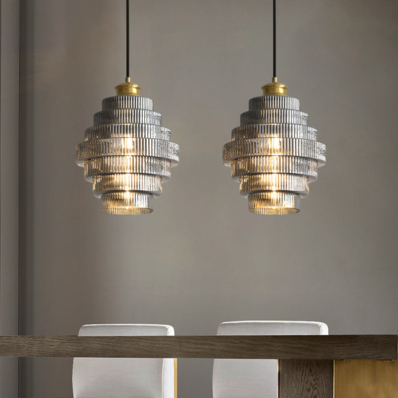Vintage Tiered Glass Hanging Lamp, Layered Glass Pendant Light for Kitchen Island, Dining Table & Hallway, Adjustable, E27, Amber, Grey or Pink, Ø22cm