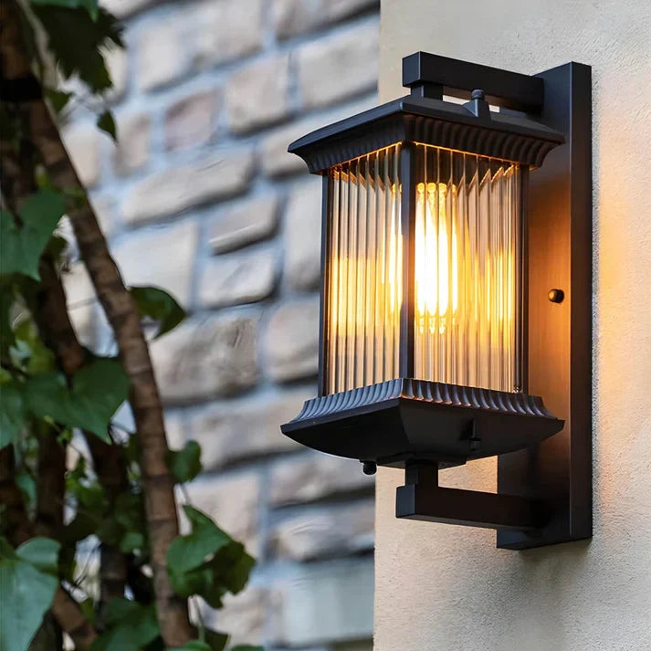 Modern Outdoor Wall Light, Lantern Style Exterior Wall Lamp with Fluted Glass, Weather Resistant, for Front Door, Porch, Patio & Garden, Brown, 35cm
