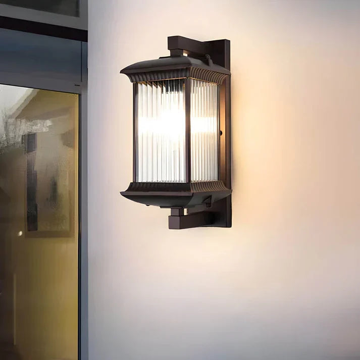 Modern Outdoor Wall Light, Lantern Style Exterior Wall Lamp with Fluted Glass, Weather Resistant, for Front Door, Porch, Patio & Garden, Brown, 35cm