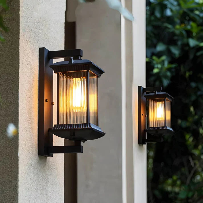 Modern Outdoor Wall Light, Lantern Style Exterior Wall Lamp with Fluted Glass, Weather Resistant, for Front Door, Porch, Patio & Garden, Brown, 35cm