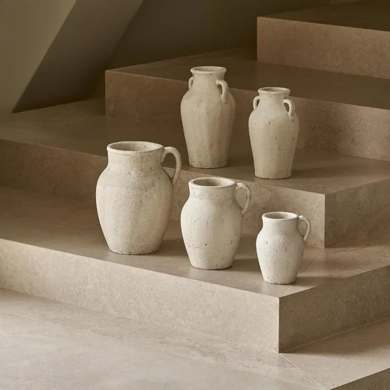 Large Rustic Handmade Ceramic Vase – Minimalist Beige Terracotta Vase with Distressed Finish