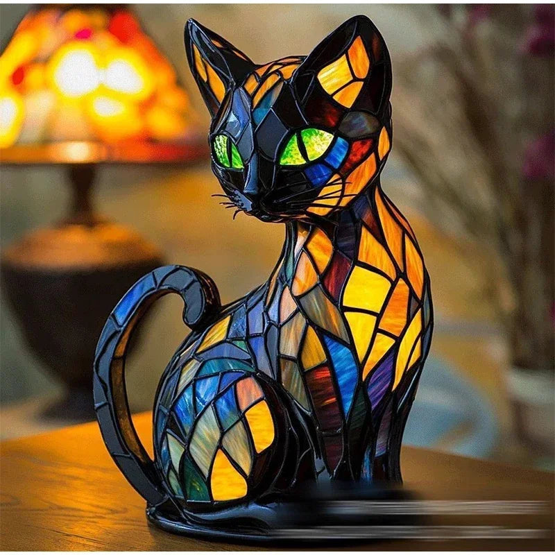 Artistic Stained Glass Style Cat Table Lamp, Decorative Resin LED Lamp, Colourful Mosaic Night Light for Bedroom, Living Room & Reading Nook, 15cm