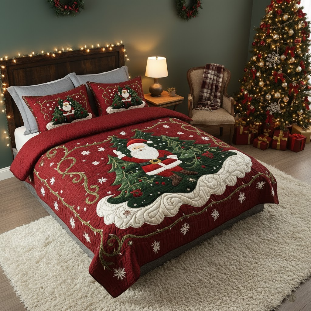 Christmas Quilted Bedding Set, Santa Design, 3 Piece Red Bedspread with 2 Pillow Shams, Festive Xmas Bed Cover for Bedroom, Single to King Size