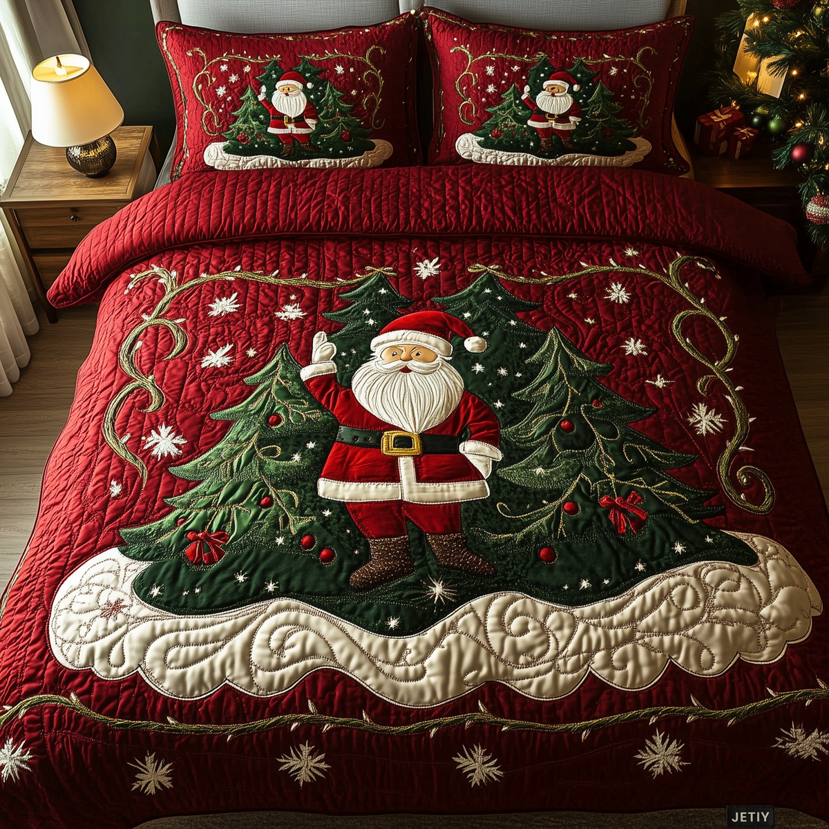Christmas Quilted Bedding Set, Santa Design, 3 Piece Red Bedspread with 2 Pillow Shams, Festive Xmas Bed Cover for Bedroom, Single to King Size