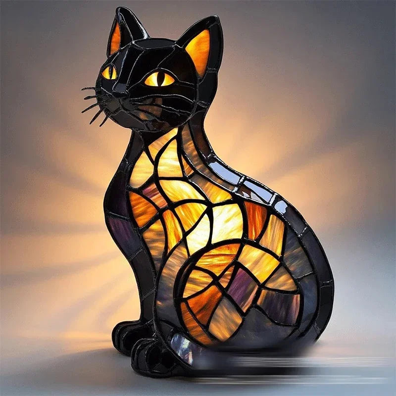 Artistic Stained Glass Style Cat Table Lamp, Decorative Resin LED Lamp, Colourful Mosaic Night Light for Bedroom, Living Room & Reading Nook, 15cm