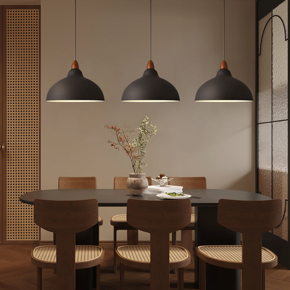 Scandinavian Minimalist Pendant Light, Nordic Wood & Metal Ceiling Lamp, 1 or 3 Heads, for Kitchen Island & Dining Table, Black or White, Ø35cm