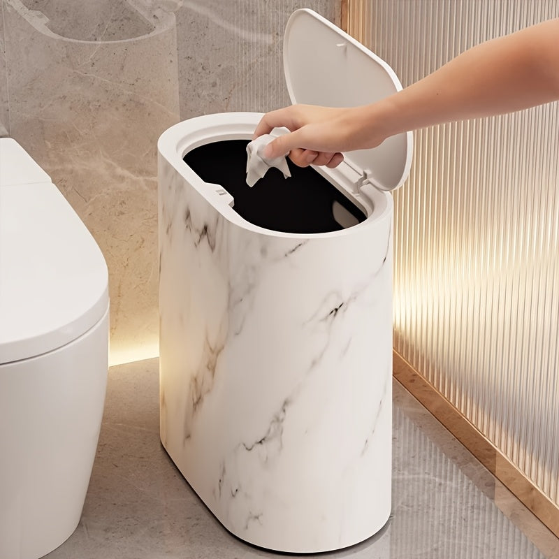 Lidded Waste Bin, Bathroom and Kitchen Bin with Fitted Lid, Decorative Marble or Wood Effect Rubbish Bin for Bathroom, Kitchen & Dressing Room