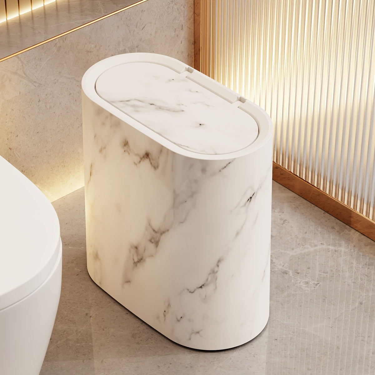 Lidded Waste Bin, Bathroom and Kitchen Bin with Fitted Lid, Decorative Marble or Wood Effect Rubbish Bin for Bathroom, Kitchen & Dressing Room