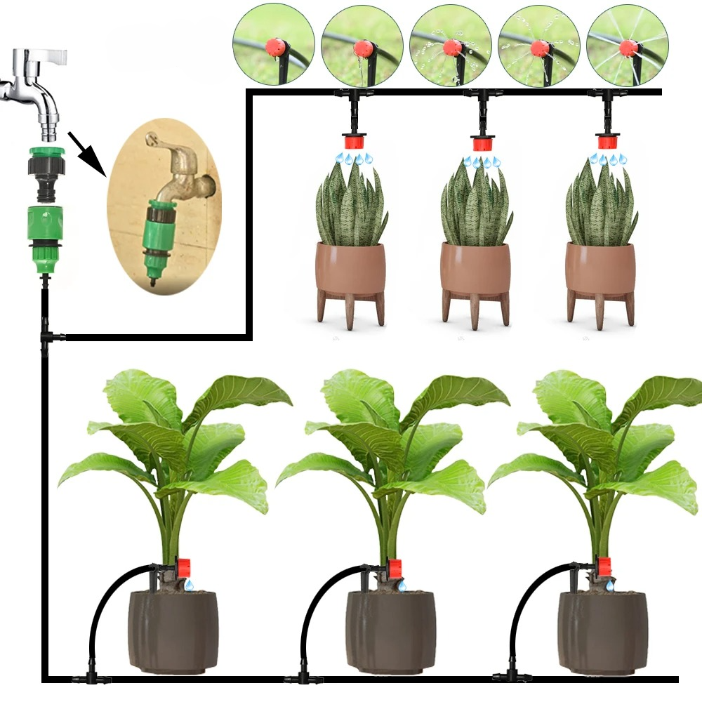 Drip Irrigation System with Automatic Timer for Garden Plants, Battery Powered Watering Kit, 1–120 Min Timer, for Greenhouse, Patio & Balcony, 5–25m