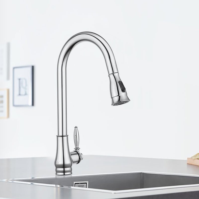 Pull-Out Kitchen Sink Mixer Tap, Chrome Vintage Style, Gooseneck Kitchen Tap with Pull-Down Spray Head & Side Lever, for Kitchen & Laundry Sinks