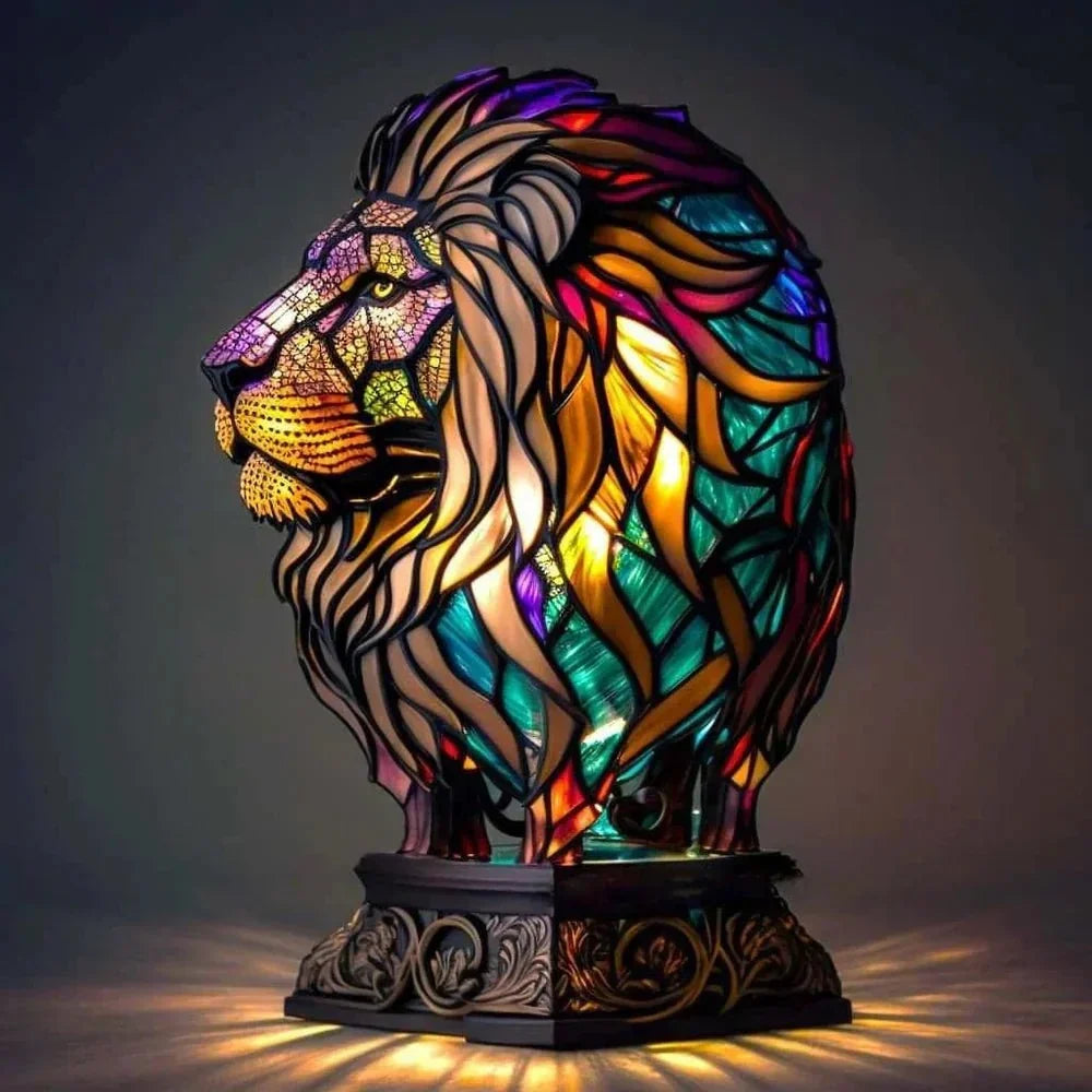 Animal Design Table Lamp, Stained Glass Effect, Wolf, Lion, Owl, Elephant, Turtle or Sheep Decorative Night Light for Bedroom, Living Room & Desk