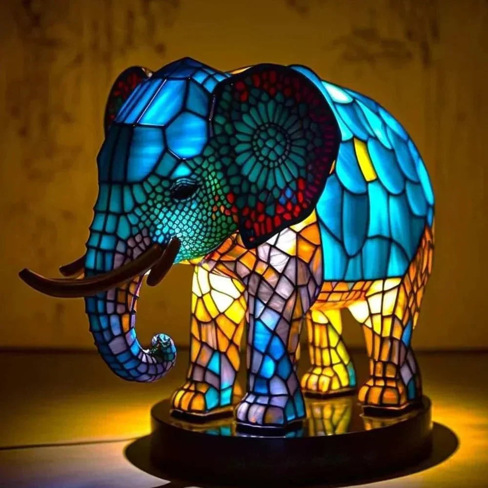 Animal Design Table Lamp, Stained Glass Effect, Wolf, Lion, Owl, Elephant, Turtle or Sheep Decorative Night Light for Bedroom, Living Room & Desk