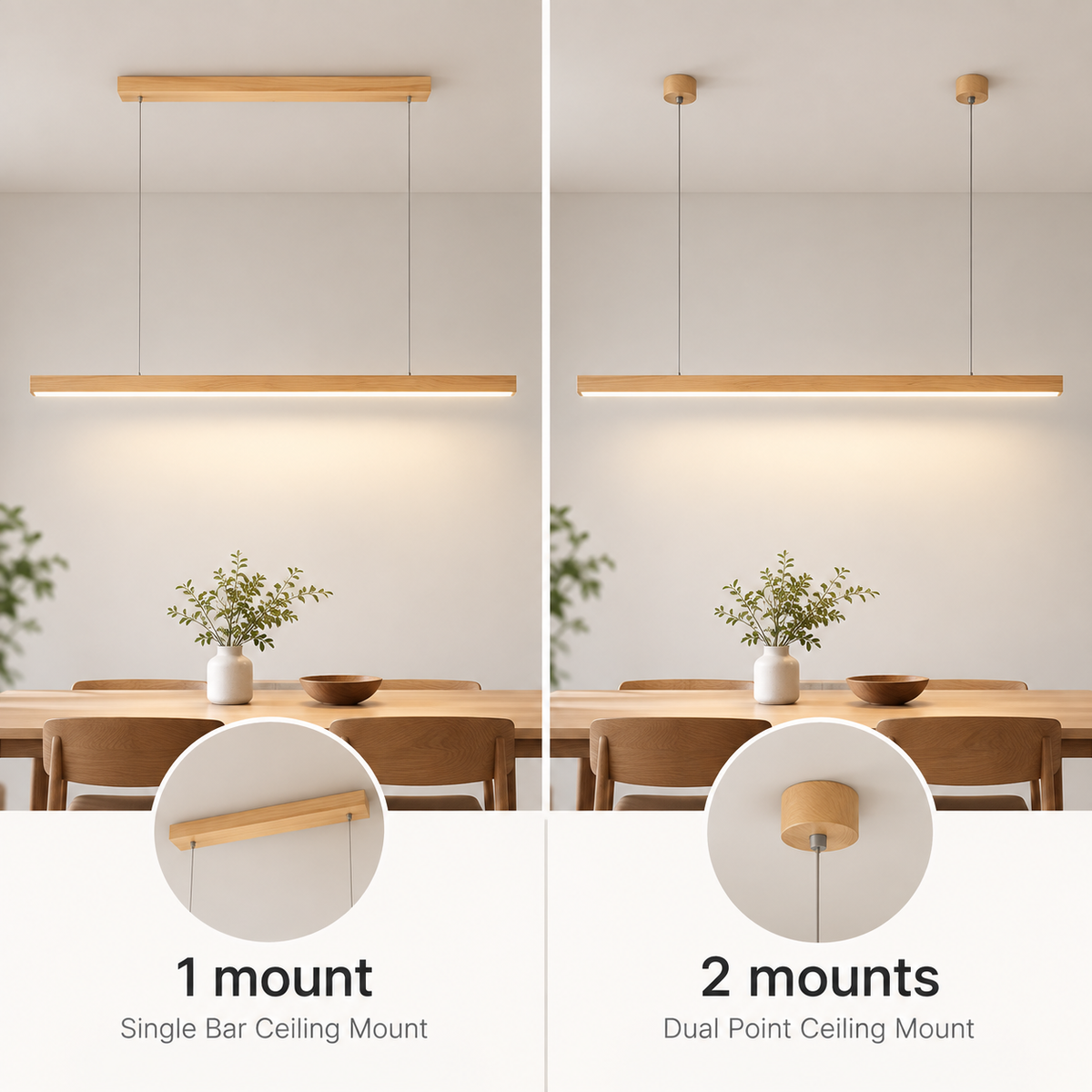Linear Wooden LED Pendant Light with Slim Bar Shade, Kitchen Island & Dining Table Light, Dimmable Tri-Colour Option, Pine or Walnut, 80–120cm