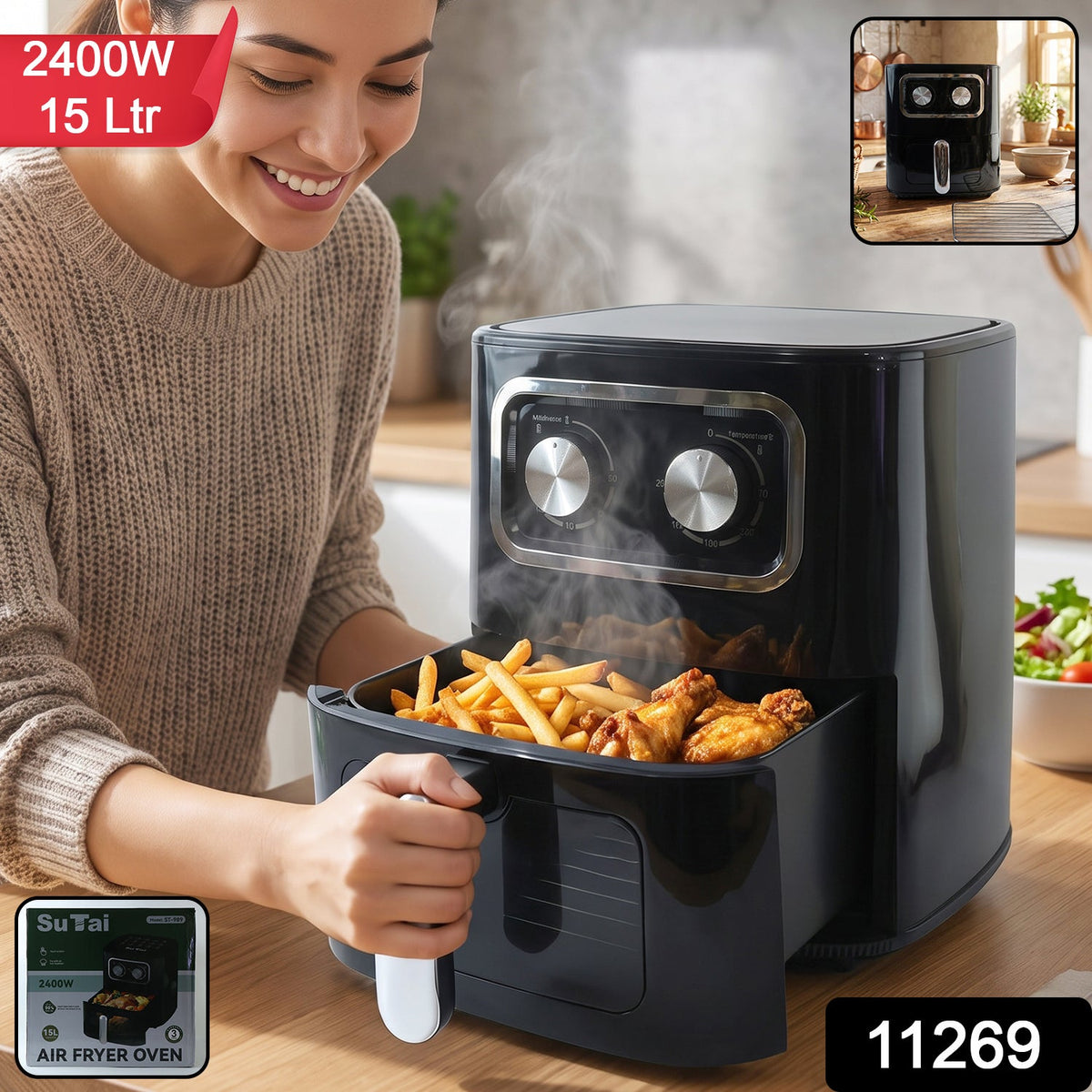 Air Fryer Oven, 10 Litre, Black, Large Capacity Countertop Air Fryer with Pull-Out Drawer & Dial Controls, for Chips, Chicken & Family Meals